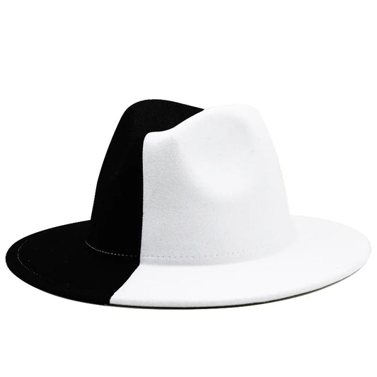 Black White Patchwork Wool Felt Fedora Hat Wide Brim Panama Hat