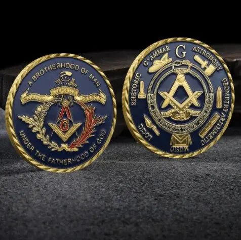 Pandora J Masonic Free Mason Brotherhood Commemorative Coin Gold Plated Two Tone Medallion, Metal Badge