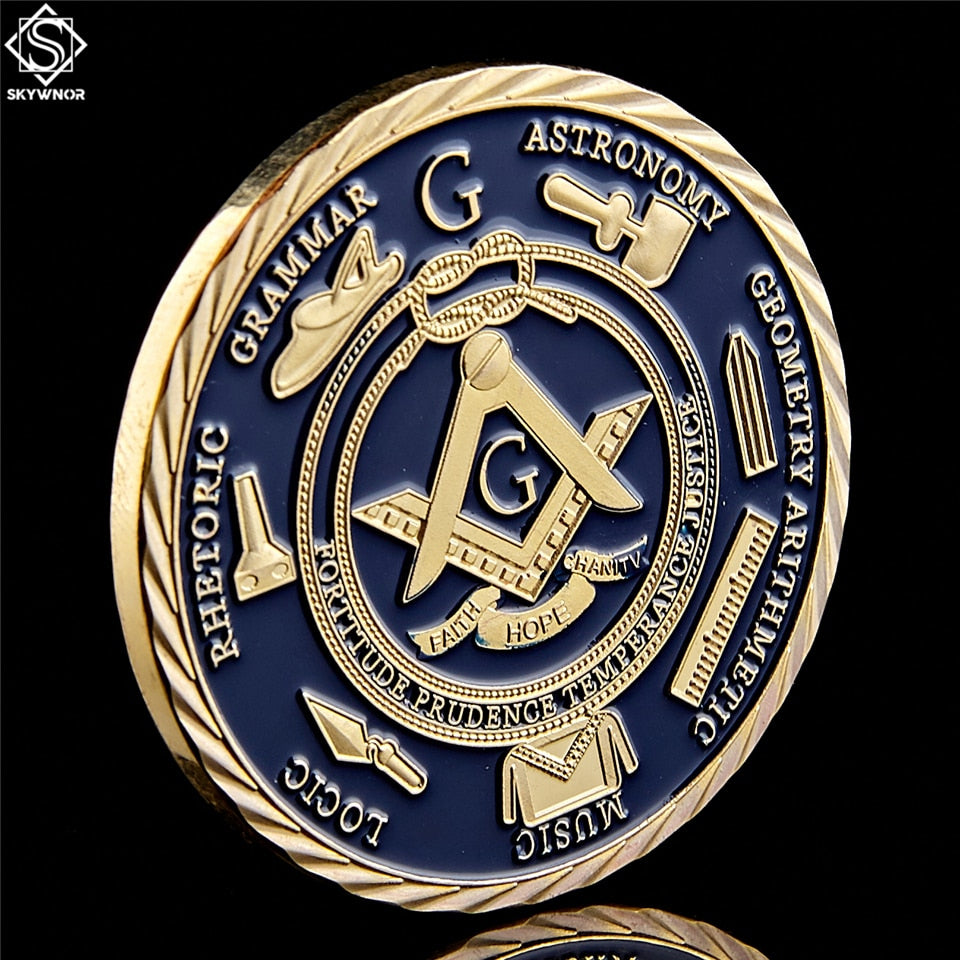 Pandora J Masonic Free Mason Brotherhood Commemorative Coin Gold Plated Two Tone Medallion, Metal Badge