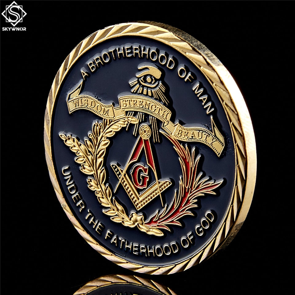 Pandora J Masonic Free Mason Brotherhood Commemorative Coin Gold Plated Two Tone Medallion, Metal Badge