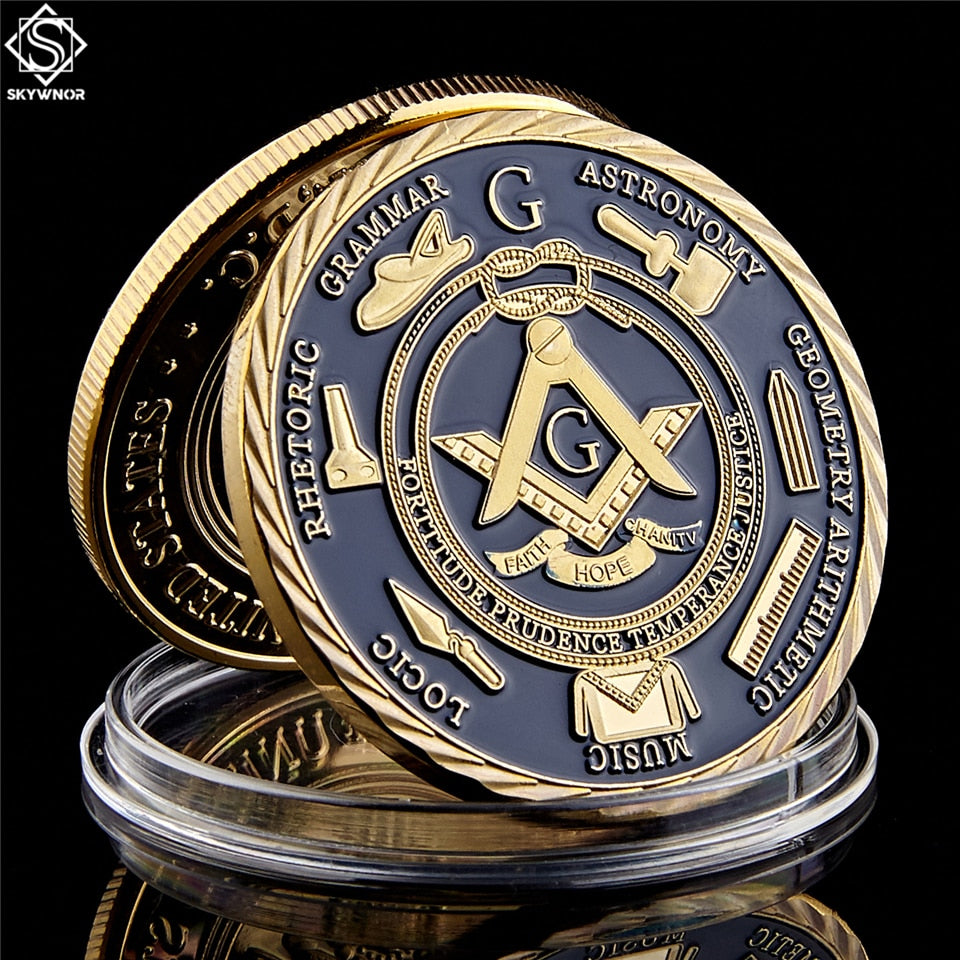 Pandora J Masonic Free Mason Brotherhood Commemorative Coin Gold Plated Two Tone Medallion, Metal Badge