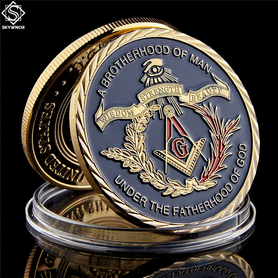 Pandora J Masonic Free Mason Brotherhood Commemorative Coin Gold Plated Two Tone Medallion, Metal Badge