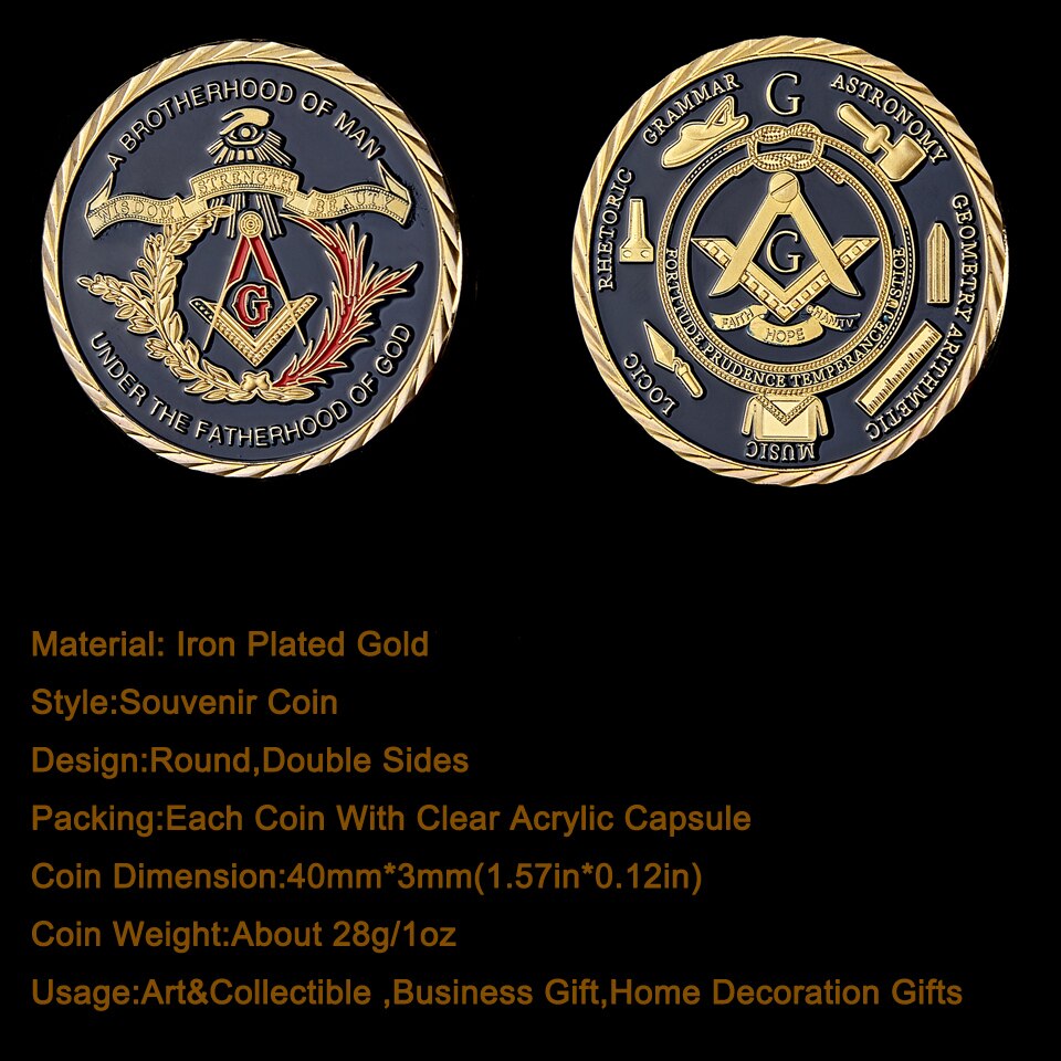 Pandora J Masonic Free Mason Brotherhood Commemorative Coin Gold Plated Two Tone Medallion, Metal Badge