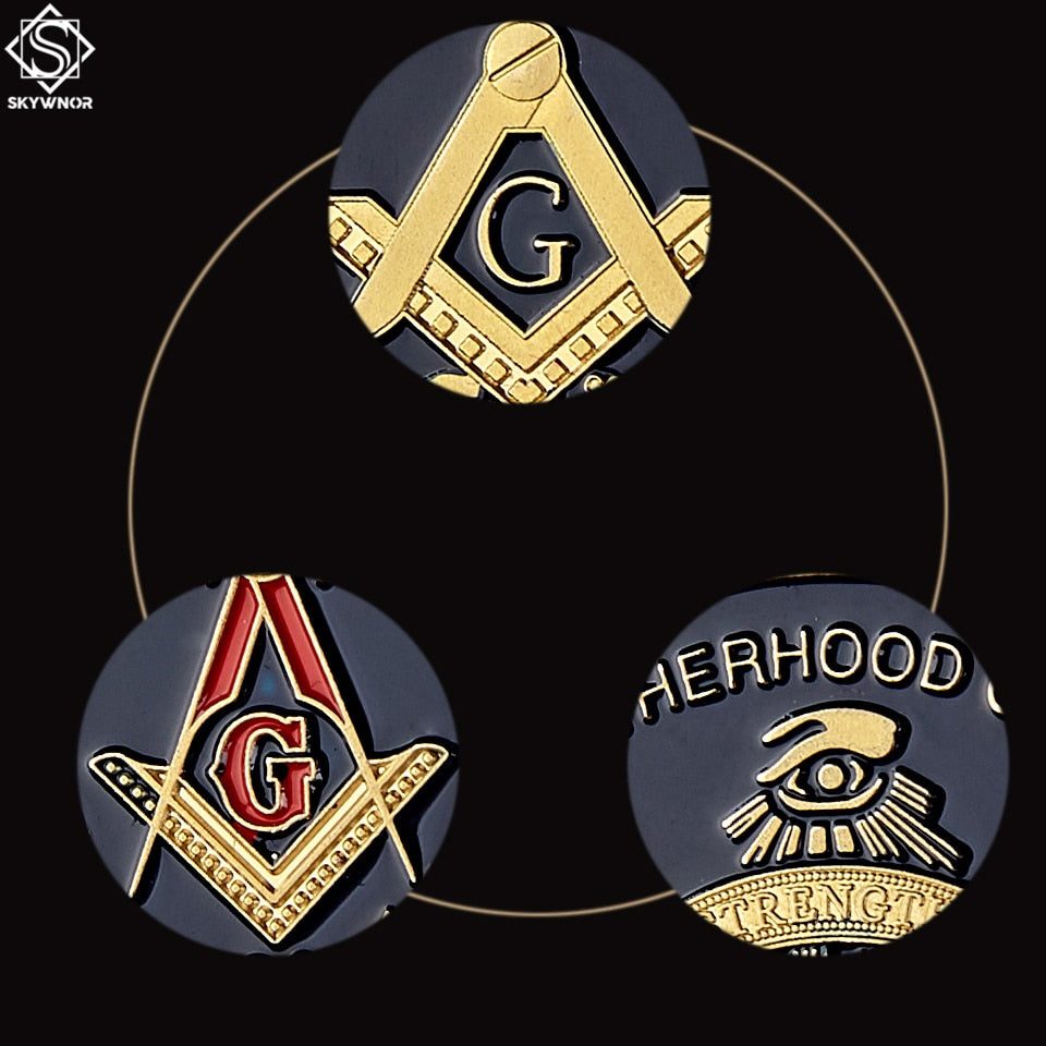 Pandora J Masonic Free Mason Brotherhood Commemorative Coin Gold Plated Two Tone Medallion, Metal Badge