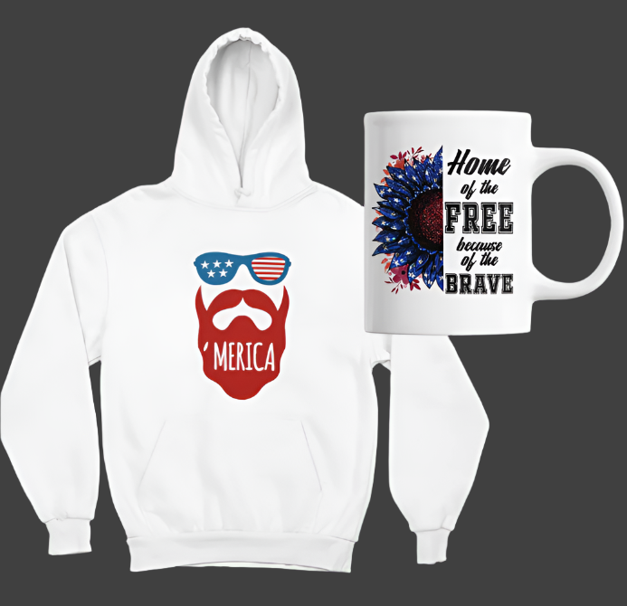 Matching hoodie and mug with Bearded 'Merica Man. Home of the Free Because of the Brave.