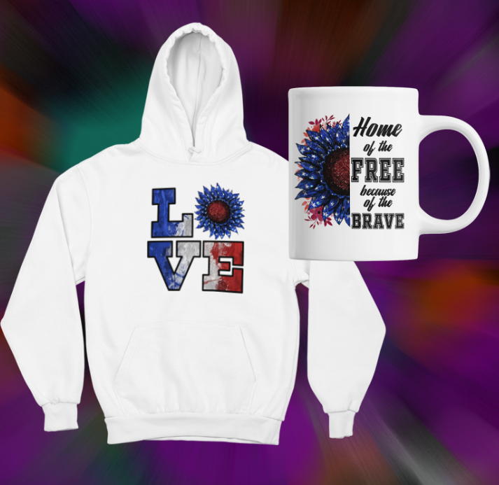 Matching hoodie and mug with Home of the Free Because of the Brave.