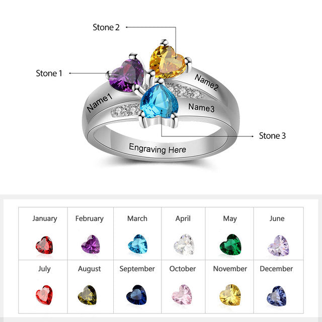 Custom silver ring with 2 custom engraving and choice of 2 birth stones