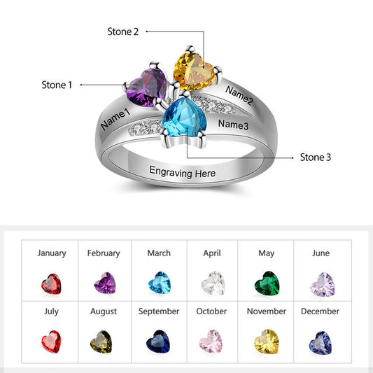 Custom silver ring with 2 custom engraving and choice of 2 birth stones