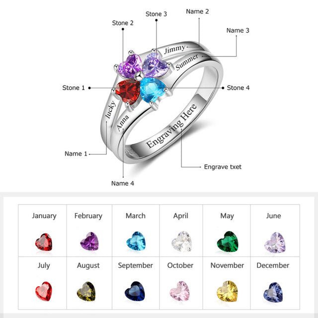 Custom silver ring with 4 custom engraving and choice of 4 birth stones
