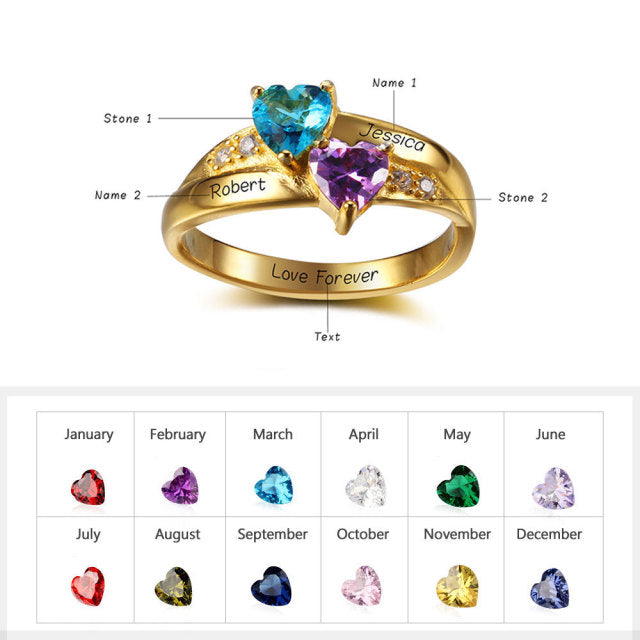 Custom Gold ring with 2 custom engraving and choice of 2 birth stones