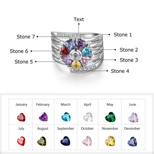 Custom silver ring with 7 custom engraving and choice of 7birth stones