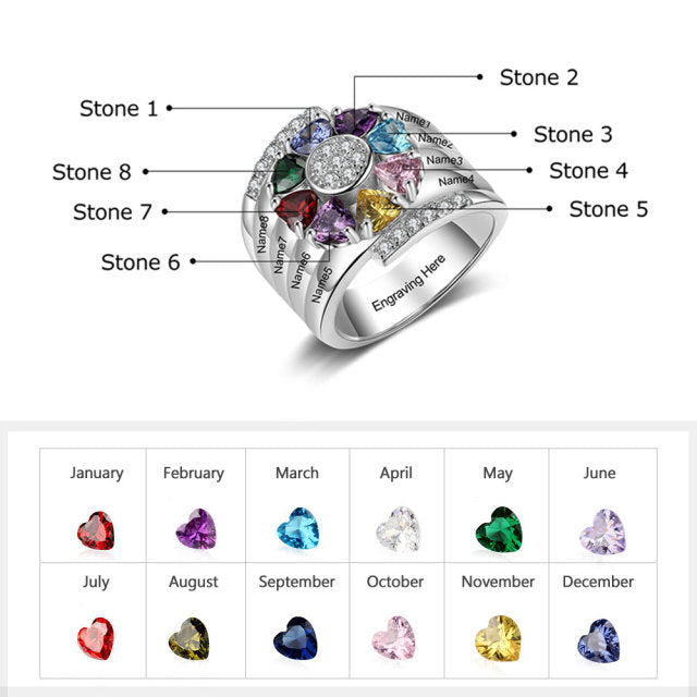 Custom silver ring with 8 custom engraving and choice of 8birth stones