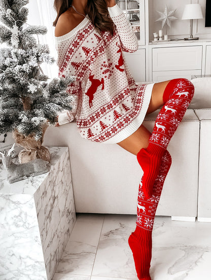 Pandora J Classic Christmas Knitted Cotton Woolen Thigh High Stockings