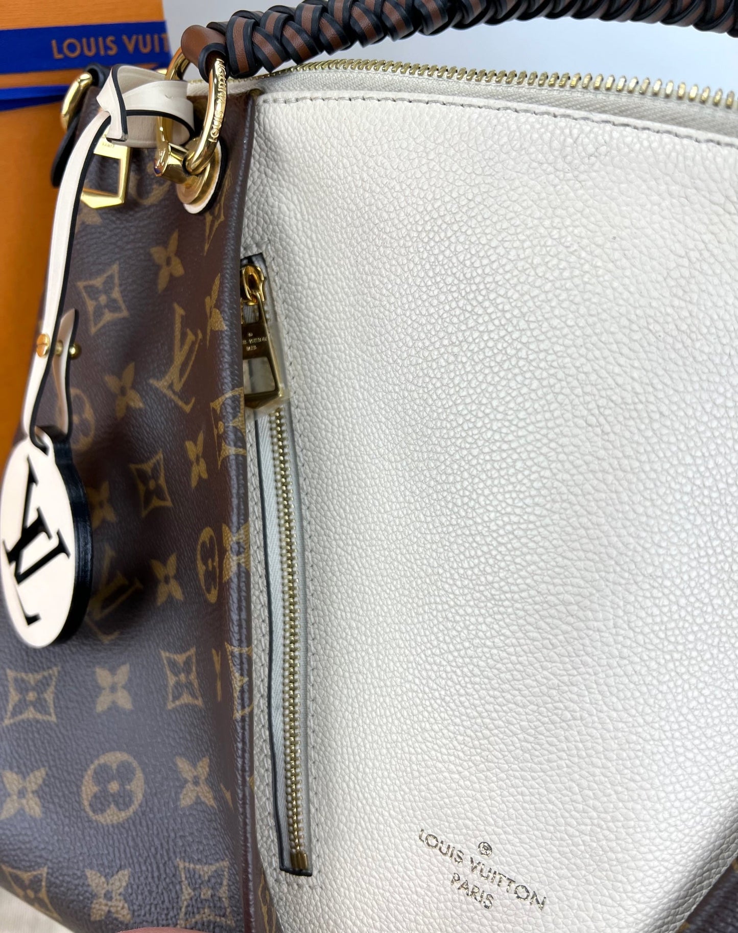 Louis Vuitton Monogram Braided V Tote MM White Leather Shoulder Hand Bag