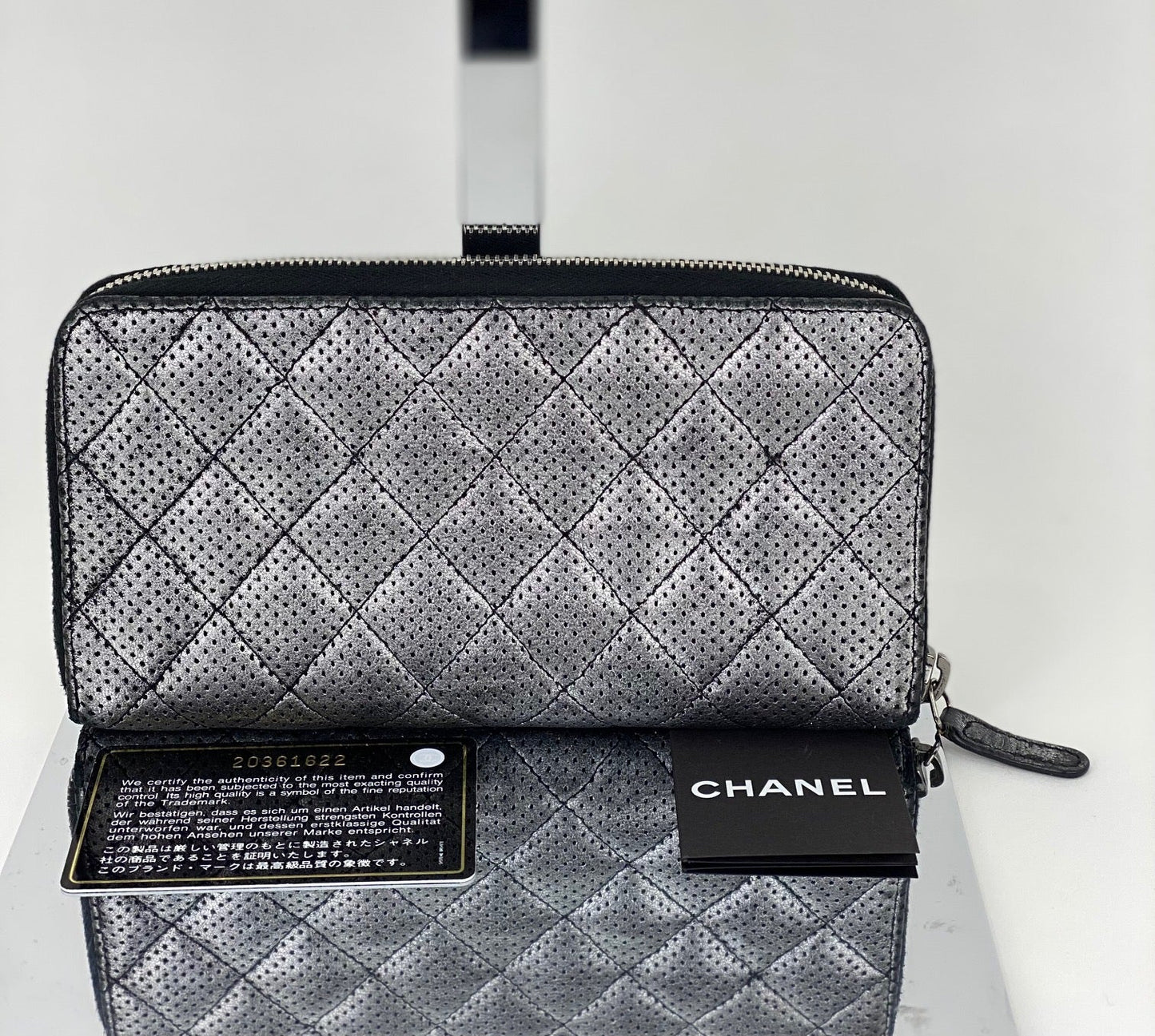 Chanel Perforated Silver Metallic Lambskin Quilted Zip Around Wallet Clutch
