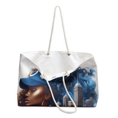 Tote bag with a Black woman in a Blue base ball cap with the City of Indianapolis in the background.