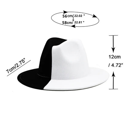 Black White Patchwork Wool Felt Fedora Hat  Wide Brim Panama Hat