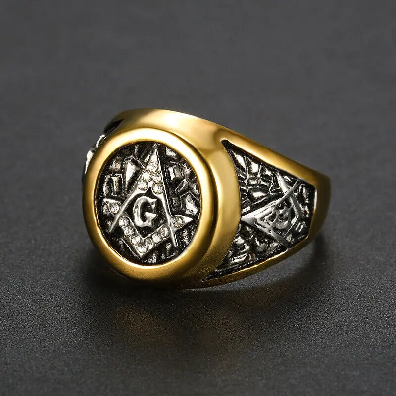 Pandora J Mens Freemason Masonic White AG CZ Stainless Steel Ring  Size 5-16