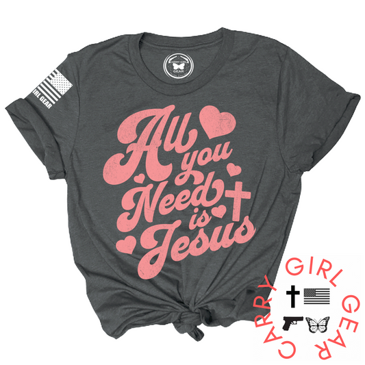 Gray t-shirt with pink text 'All you need is Jesus' on a white background
