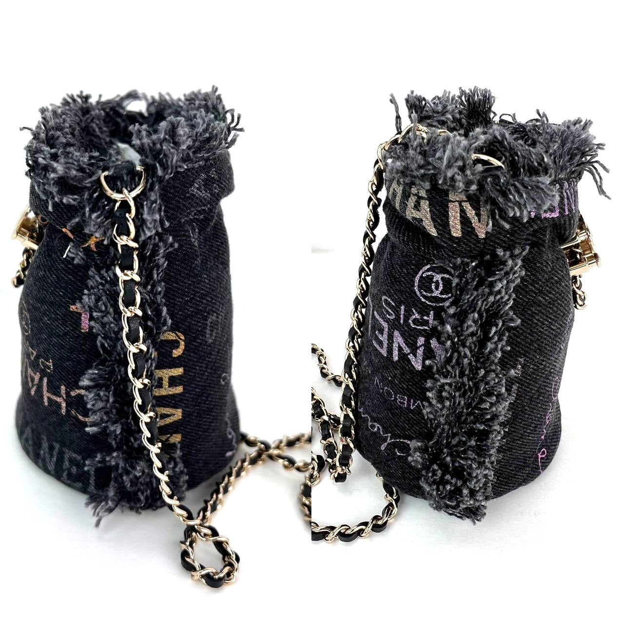 Chanel Denim Quilted Mood Mini Bucket With Chain Black