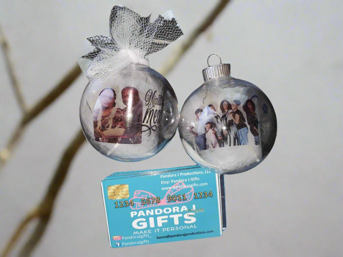 Floating ornaments with photos of family members and a card for Pandora J Gifts