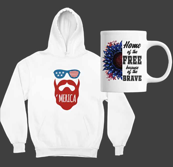 Matching hoodie and mug with  Bearded 'Merica Man. Home of the Free Because of the Brave.