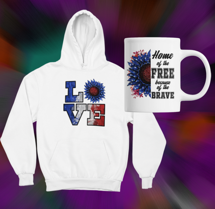 Matching hoodie and mug with   Home of the Free Because of the Brave.