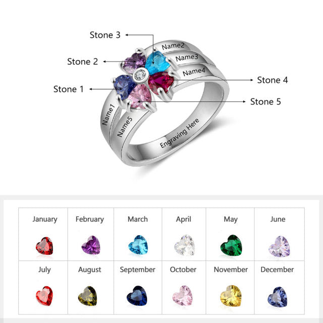 Custom Gold ring with 5 custom engraving and choice of 5 birth stones