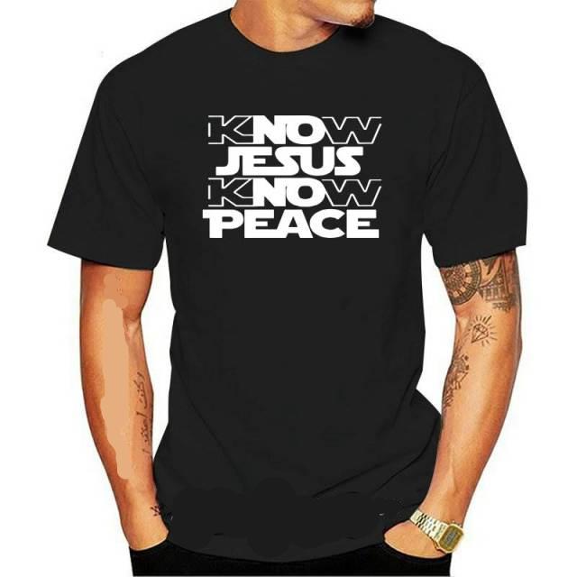 Black T shirt with words " Know Jesus Know Peace"