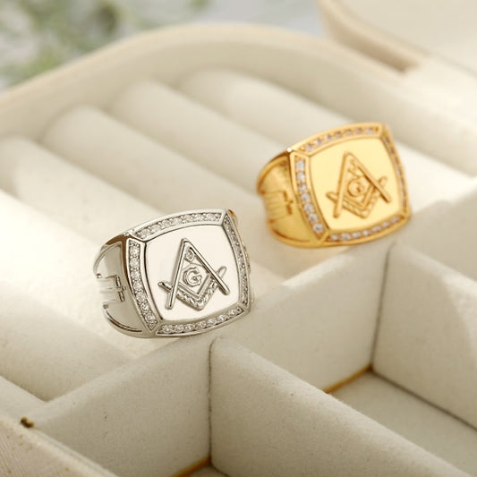 CZ Crystal Men Rings With Freemason Masonic Free Mason Signet 316L Stainless Steel Gold Color Jewelry For Men