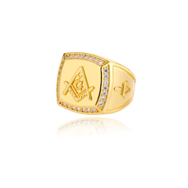 CZ Crystal Men Rings With Freemason Masonic Free Mason Signet 316L Stainless Steel Gold Color Jewelry For Men