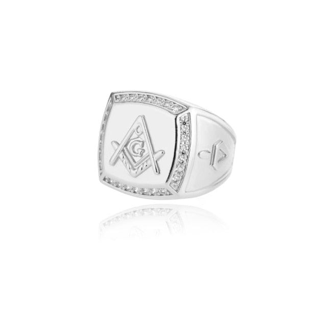 CZ Crystal Men Rings With Freemason Masonic Free Mason Signet 316L Stainless Steel Gold Color Jewelry For Men